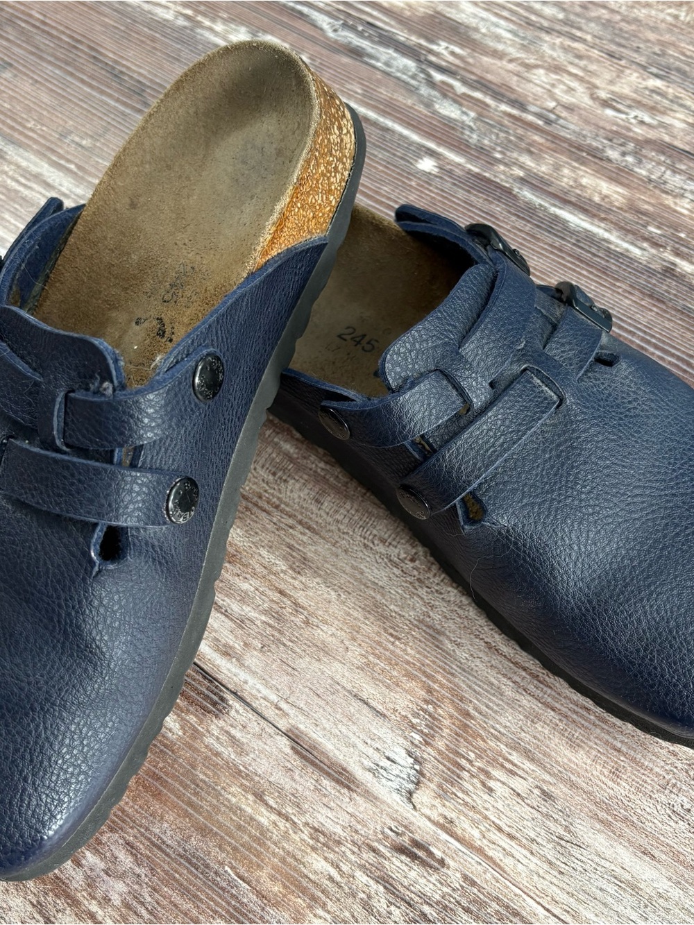 Birkies Navy Leather Slip-On Clogs with Adjustable Straps size 7